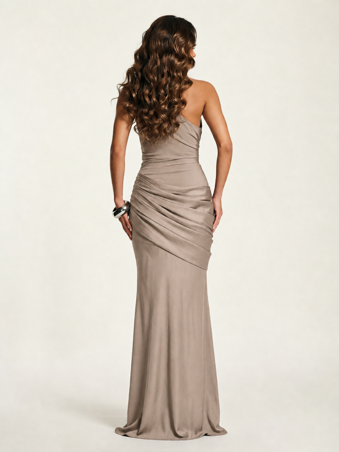 Single-shoulder satin floor-length evening dress