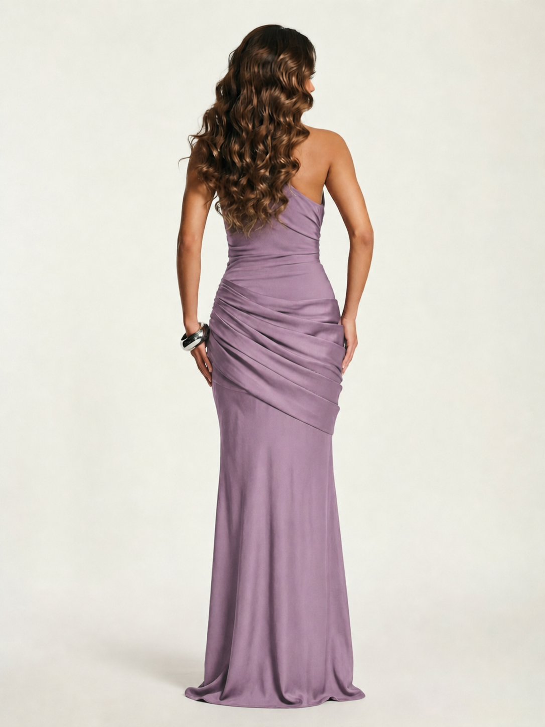 Single-shoulder satin floor-length evening dress