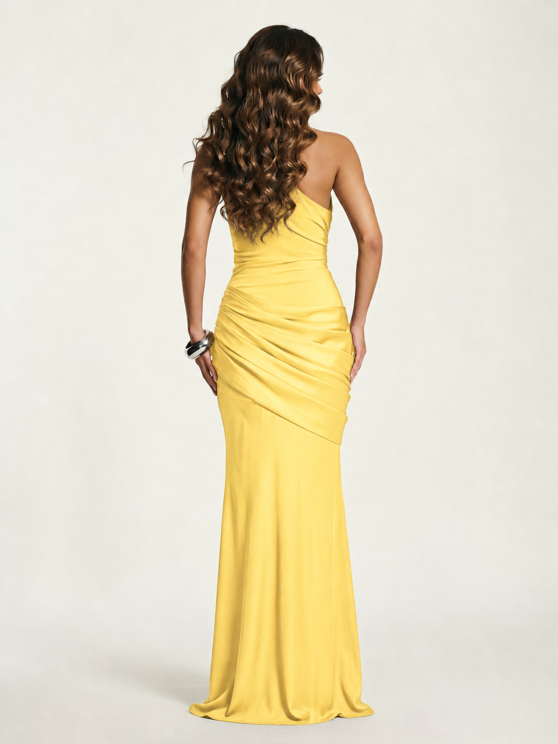 Single-shoulder satin floor-length evening dress