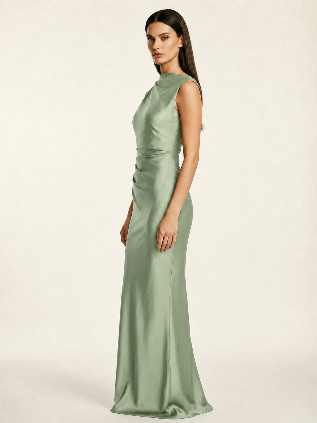 Sleeveless Draped Satin Mermaid Cutout Back Formal Dress