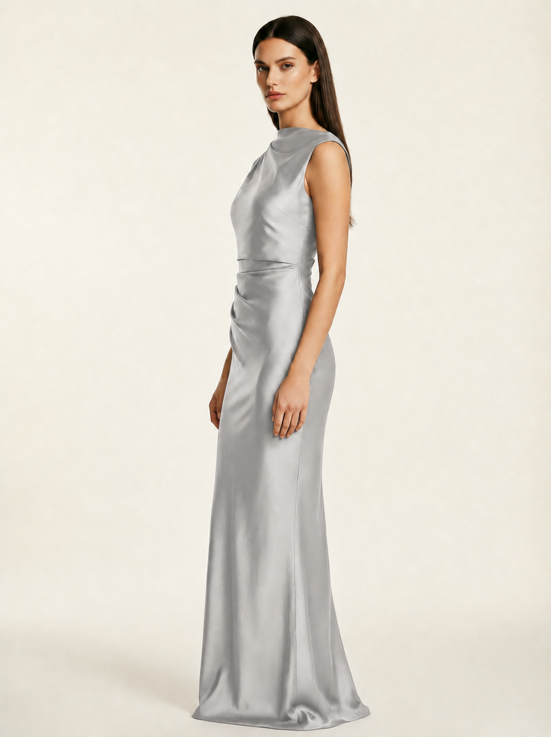 Sleeveless Draped Satin Mermaid Cutout Back Formal Dress