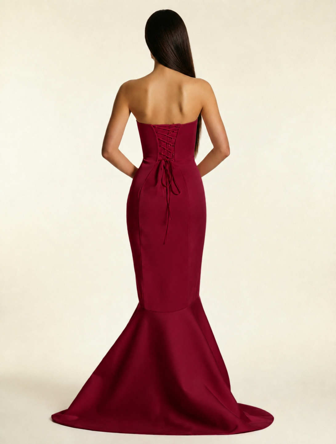 Strapless Satin Mermaid Dress With Ruffled Train & Lace-Up Back