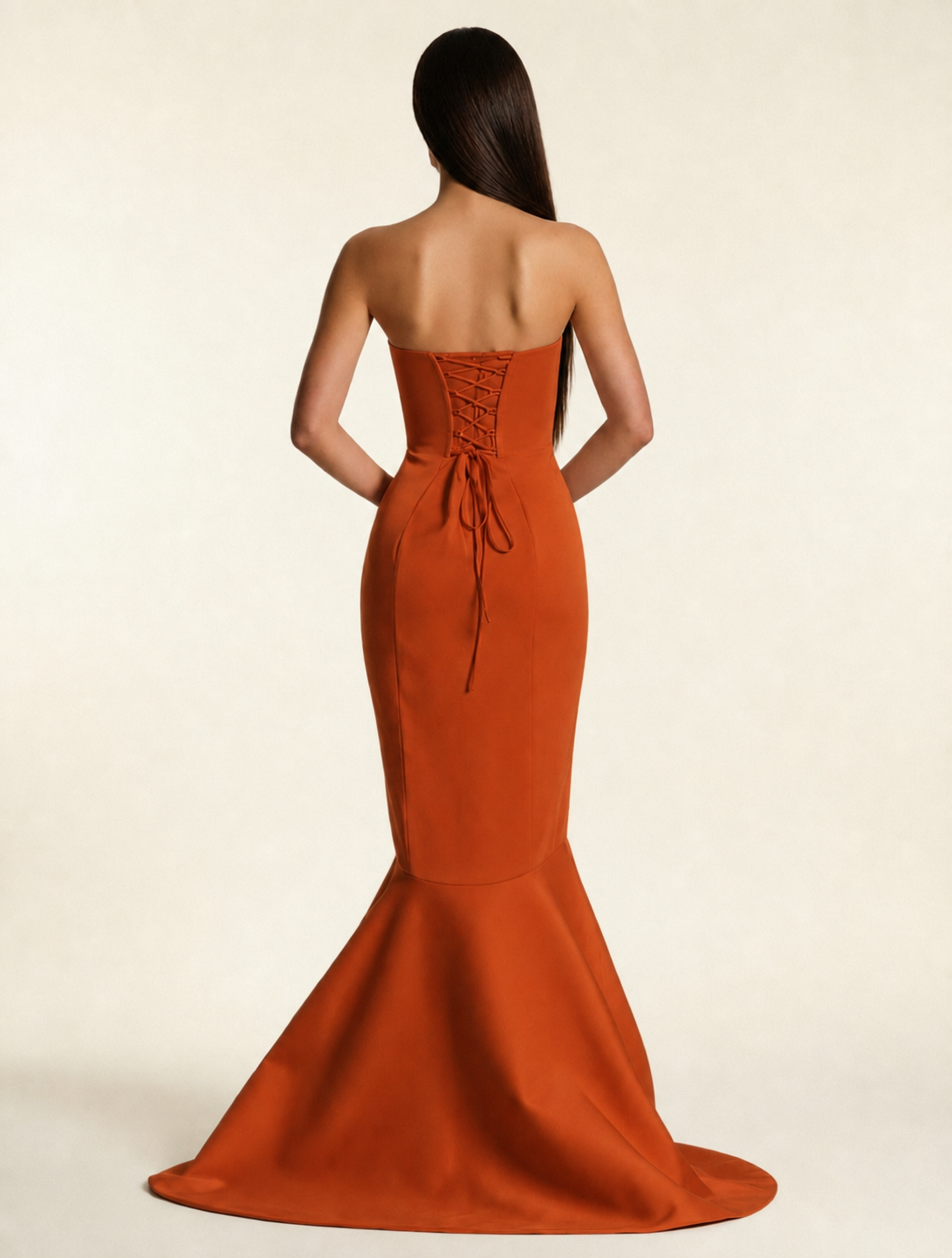 Strapless Satin Mermaid Dress With Ruffled Train & Lace-Up Back