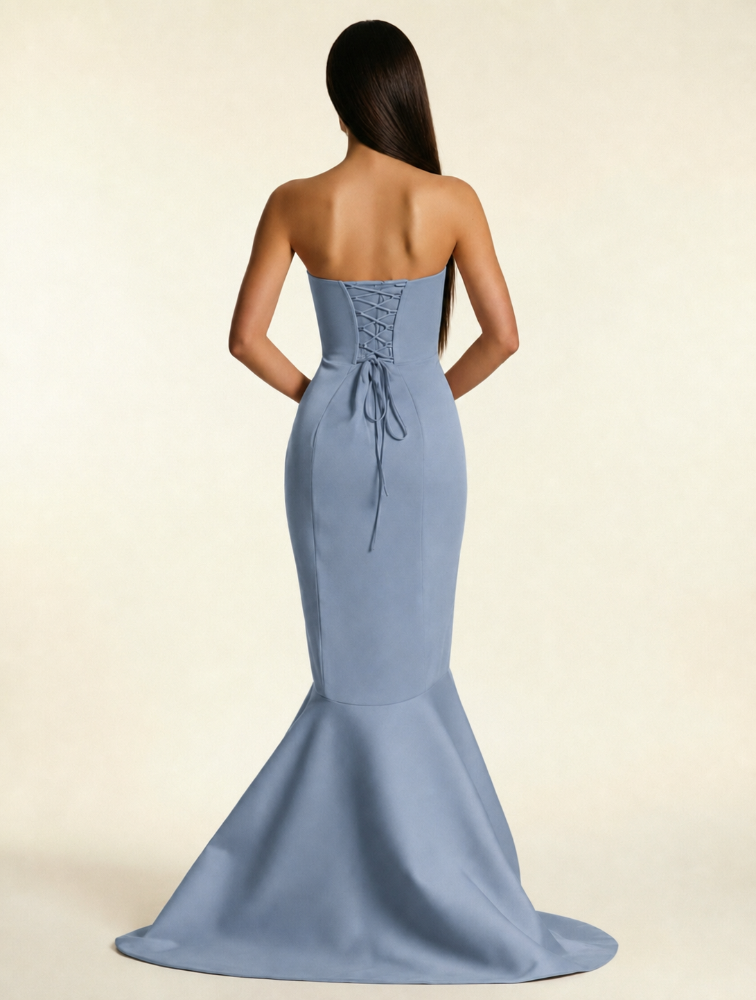 Strapless Satin Mermaid Dress With Ruffled Train & Lace-Up Back