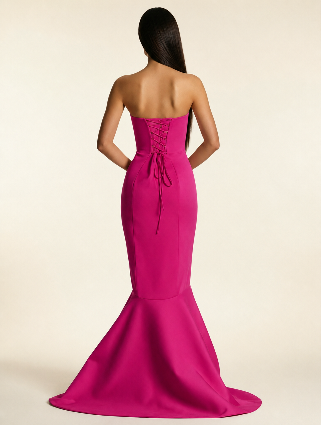Strapless Satin Mermaid Dress With Ruffled Train & Lace-Up Back