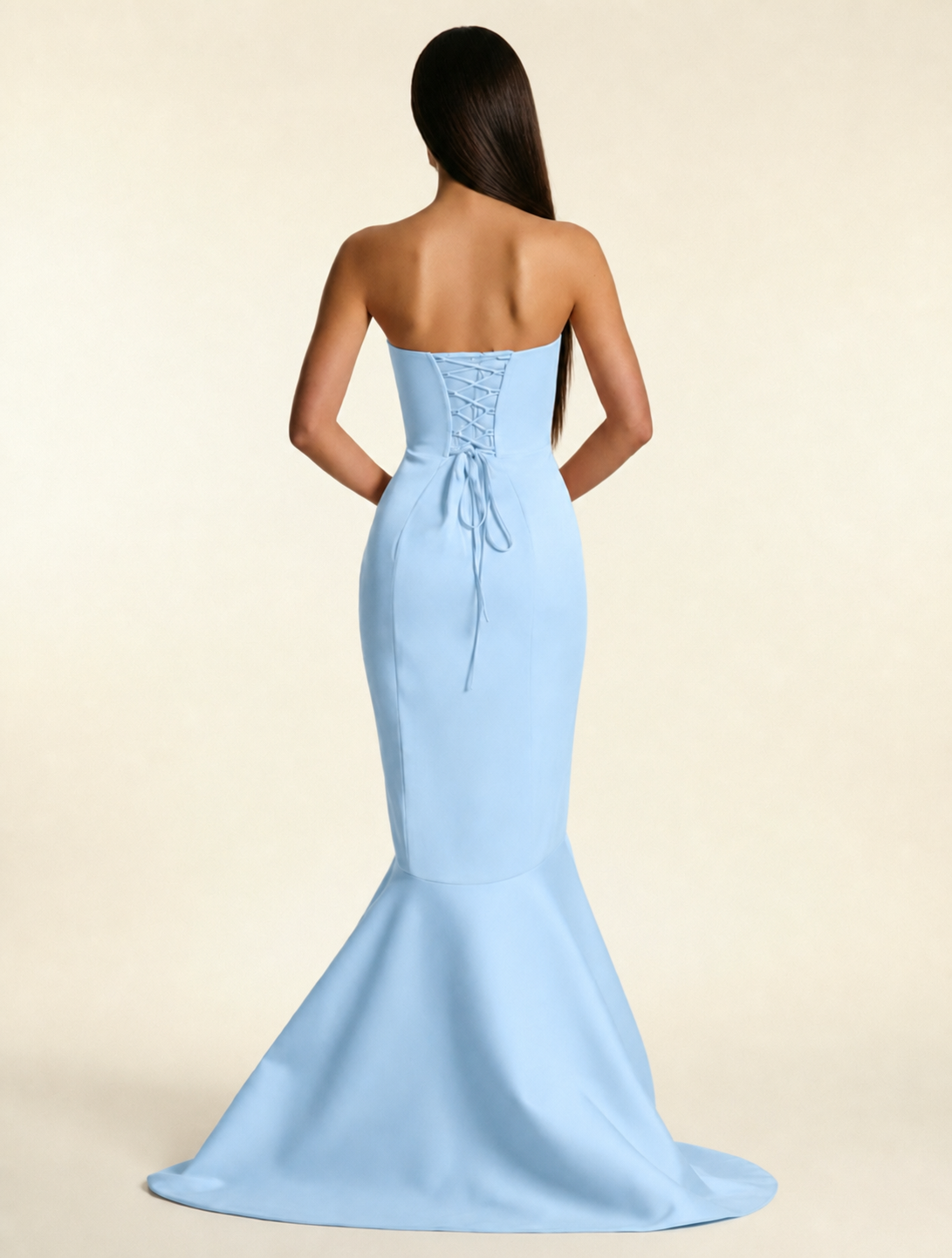 Strapless Satin Mermaid Dress With Ruffled Train & Lace-Up Back