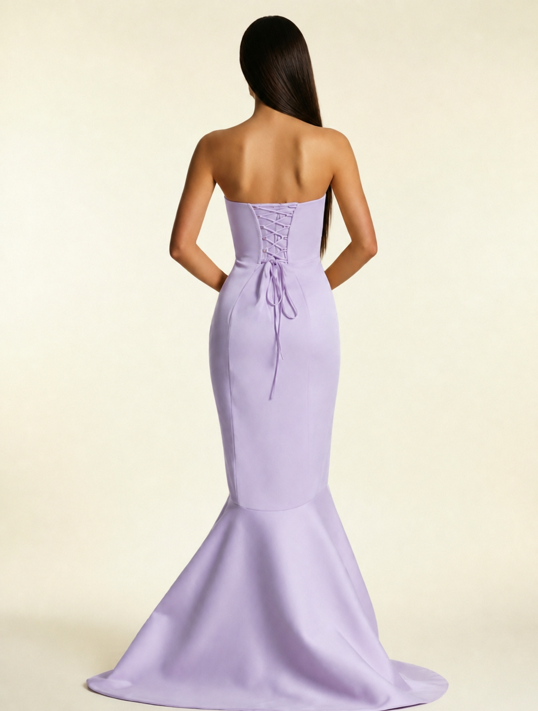 Strapless Satin Mermaid Dress With Ruffled Train & Lace-Up Back