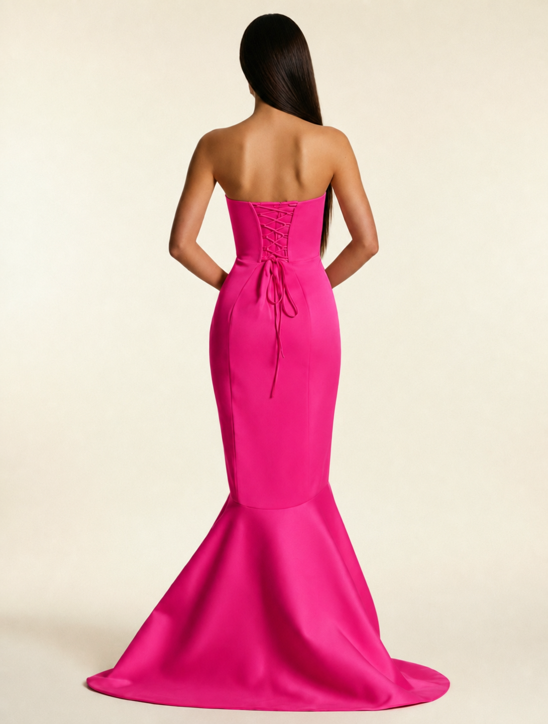 Strapless Satin Mermaid Dress With Ruffled Train & Lace-Up Back