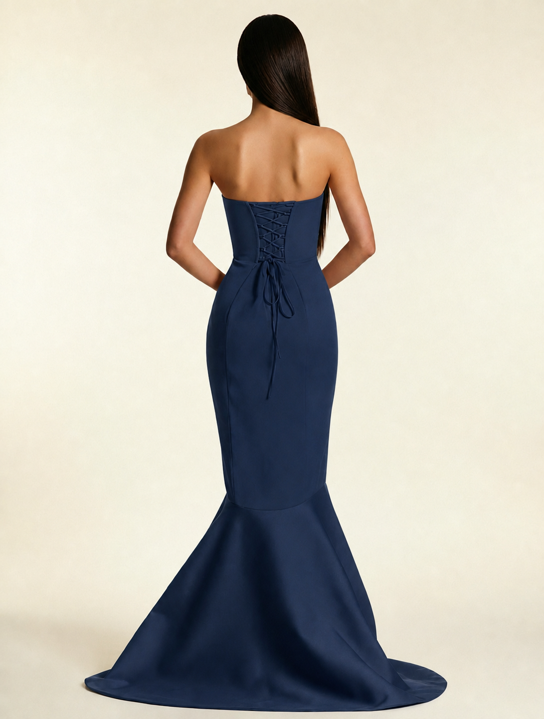 Strapless Satin Mermaid Dress With Ruffled Train & Lace-Up Back