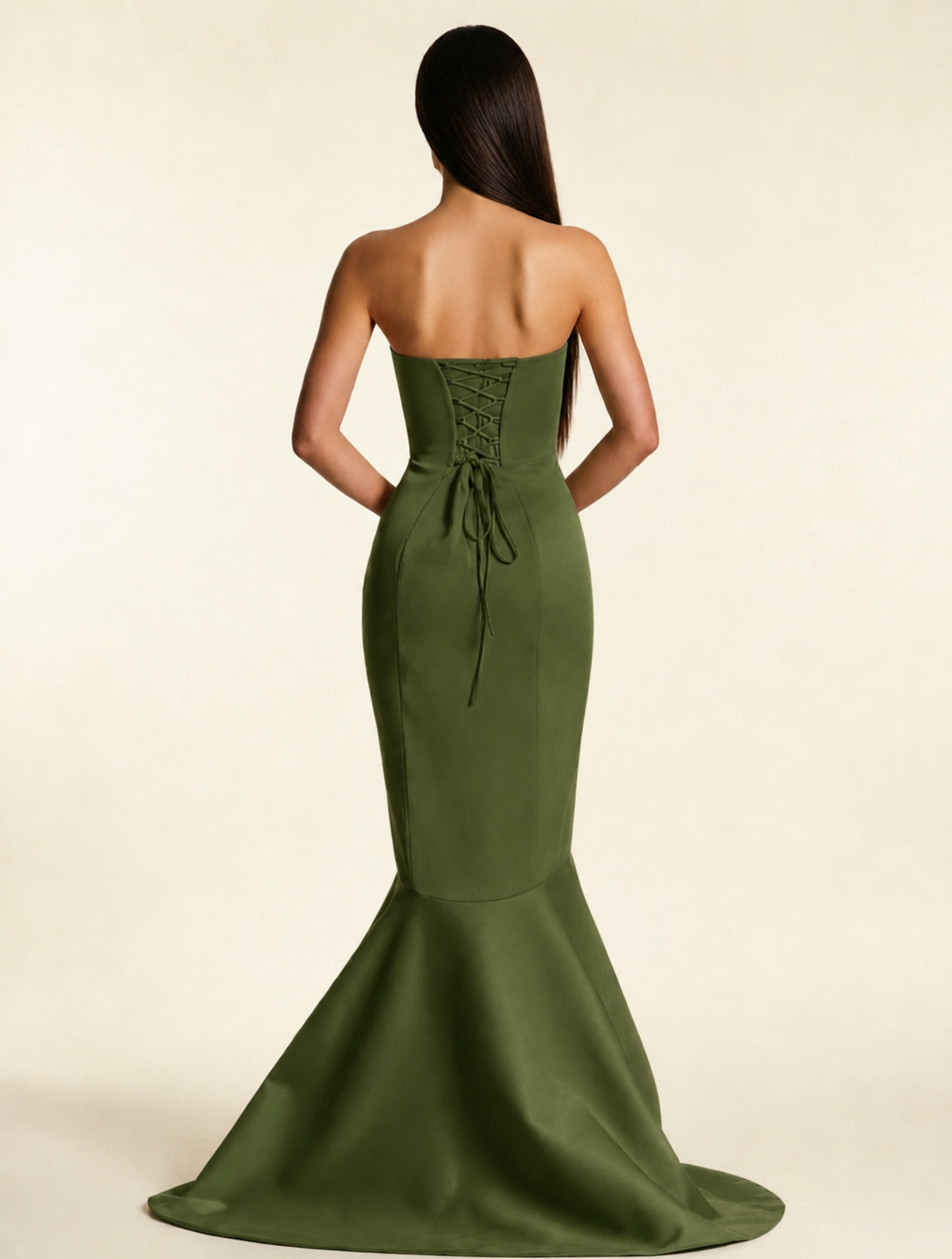Strapless Satin Mermaid Dress With Ruffled Train & Lace-Up Back