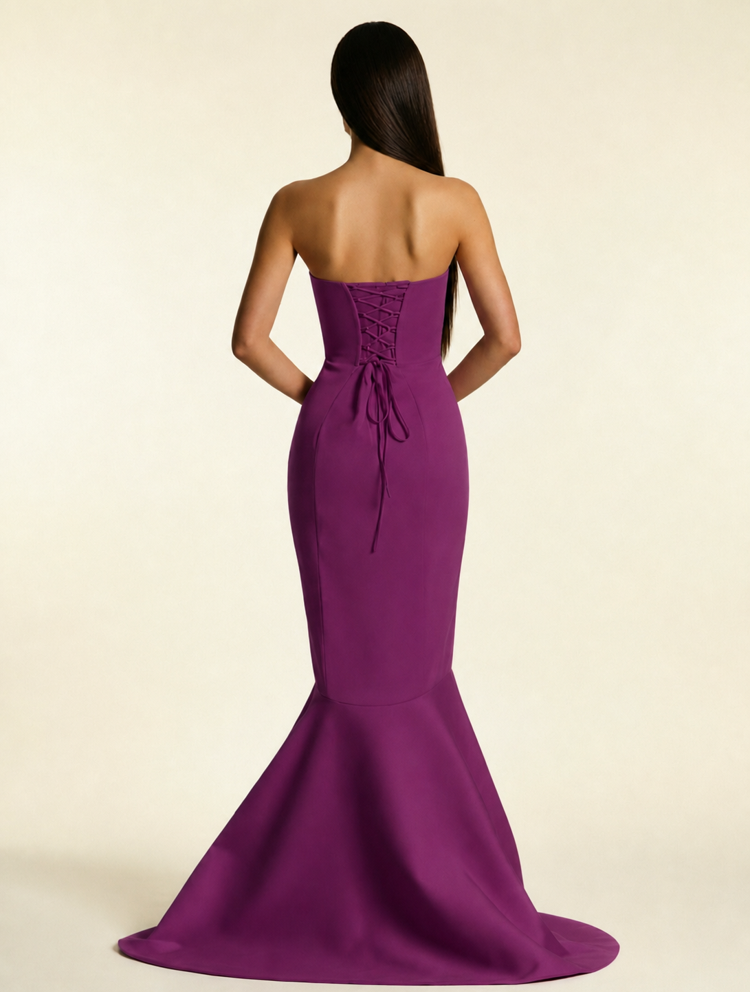 Strapless Satin Mermaid Dress With Ruffled Train & Lace-Up Back