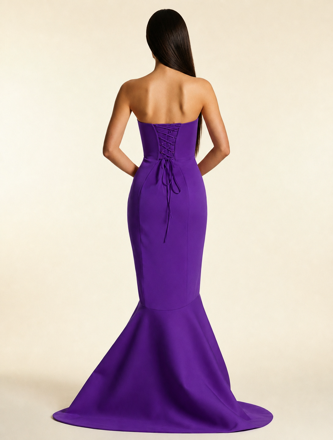 Strapless Satin Mermaid Dress With Ruffled Train & Lace-Up Back