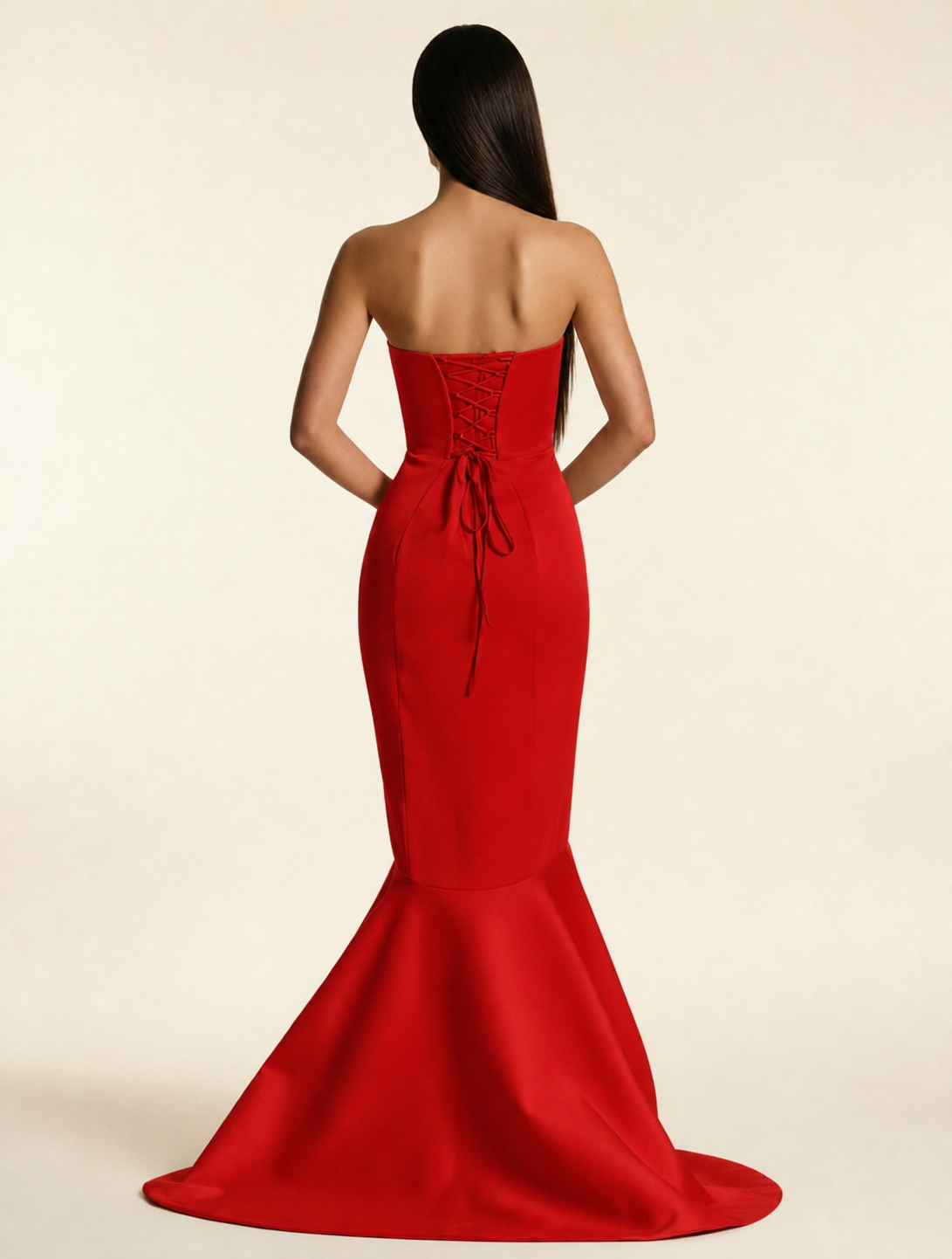 Strapless Satin Mermaid Dress With Ruffled Train & Lace-Up Back