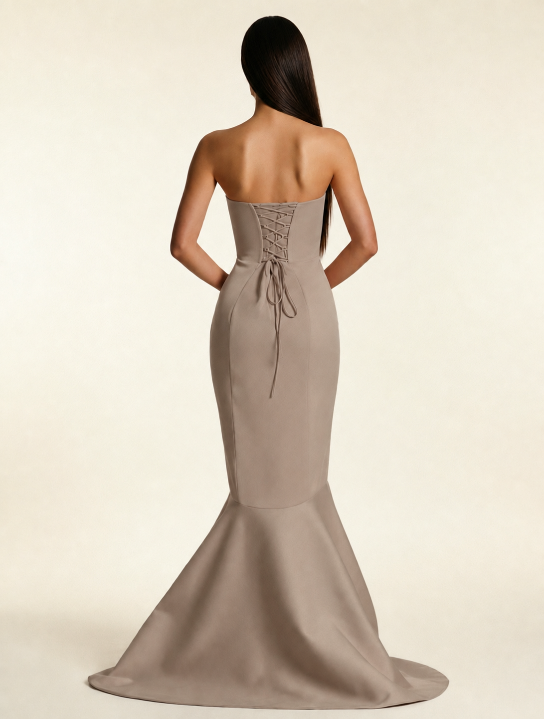 Strapless Satin Mermaid Dress With Ruffled Train & Lace-Up Back