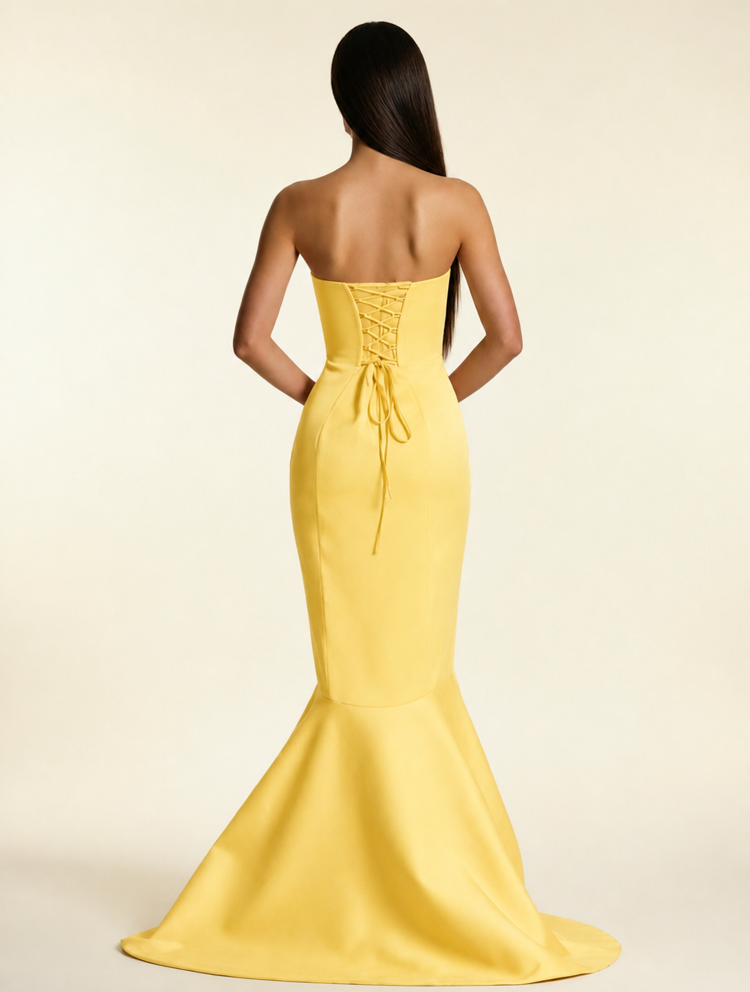 Strapless Satin Mermaid Dress With Ruffled Train & Lace-Up Back