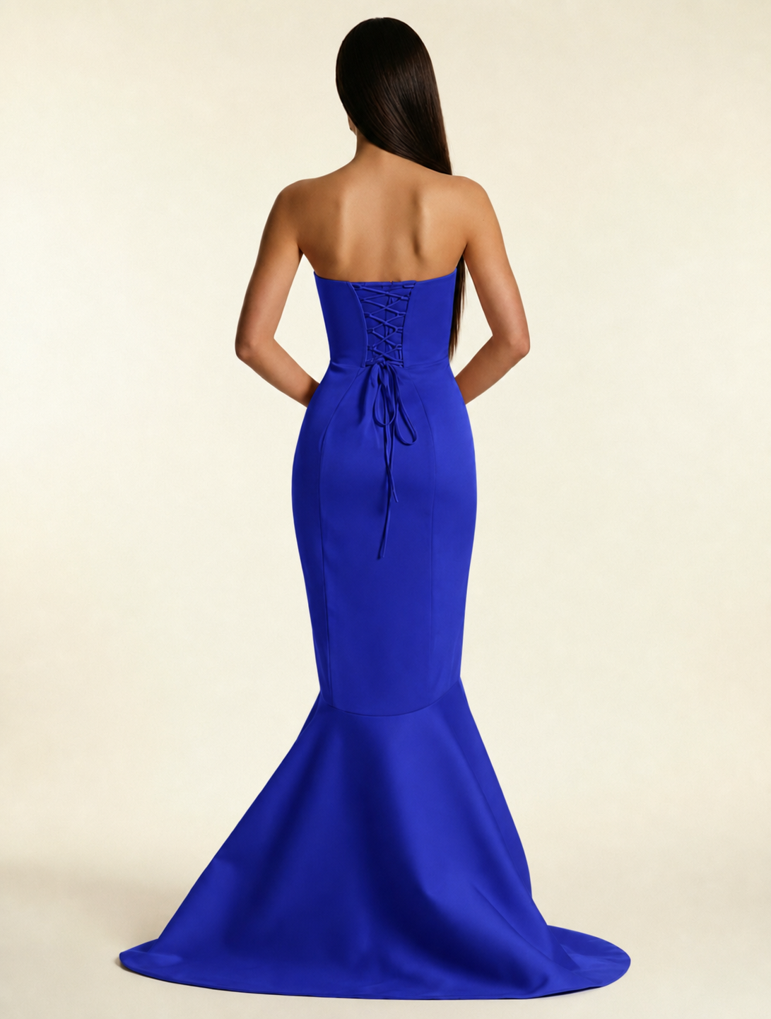 Strapless Satin Mermaid Dress With Ruffled Train & Lace-Up Back