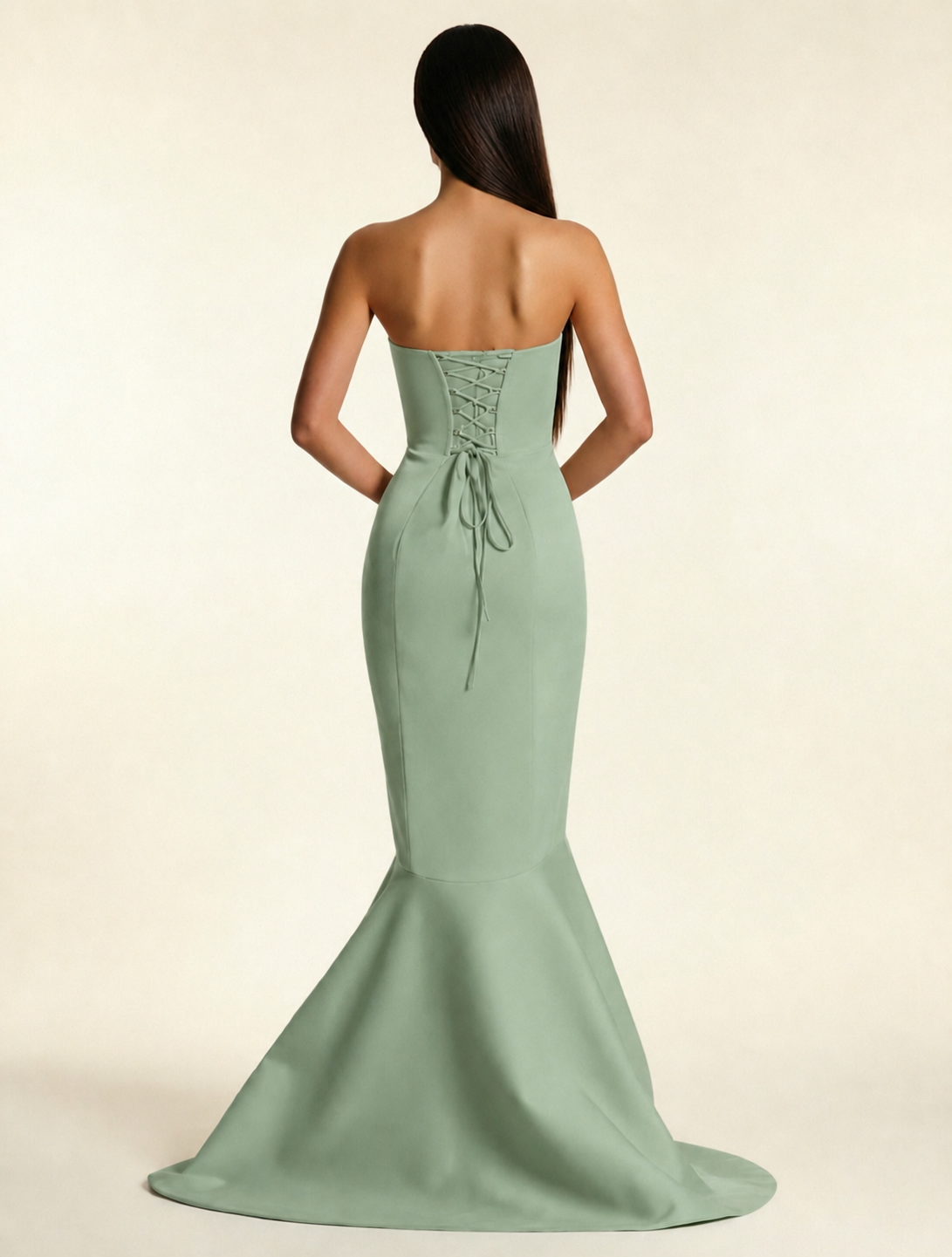 Strapless Satin Mermaid Dress With Ruffled Train & Lace-Up Back