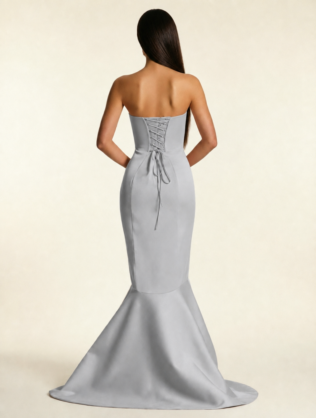 Strapless Satin Mermaid Dress With Ruffled Train & Lace-Up Back