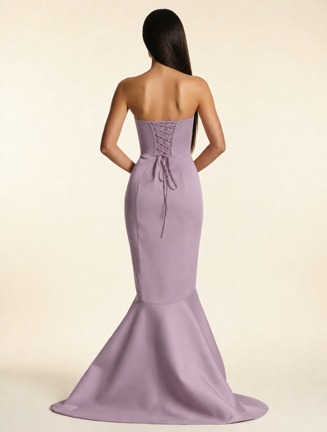 Strapless Satin Mermaid Dress With Ruffled Train & Lace-Up Back