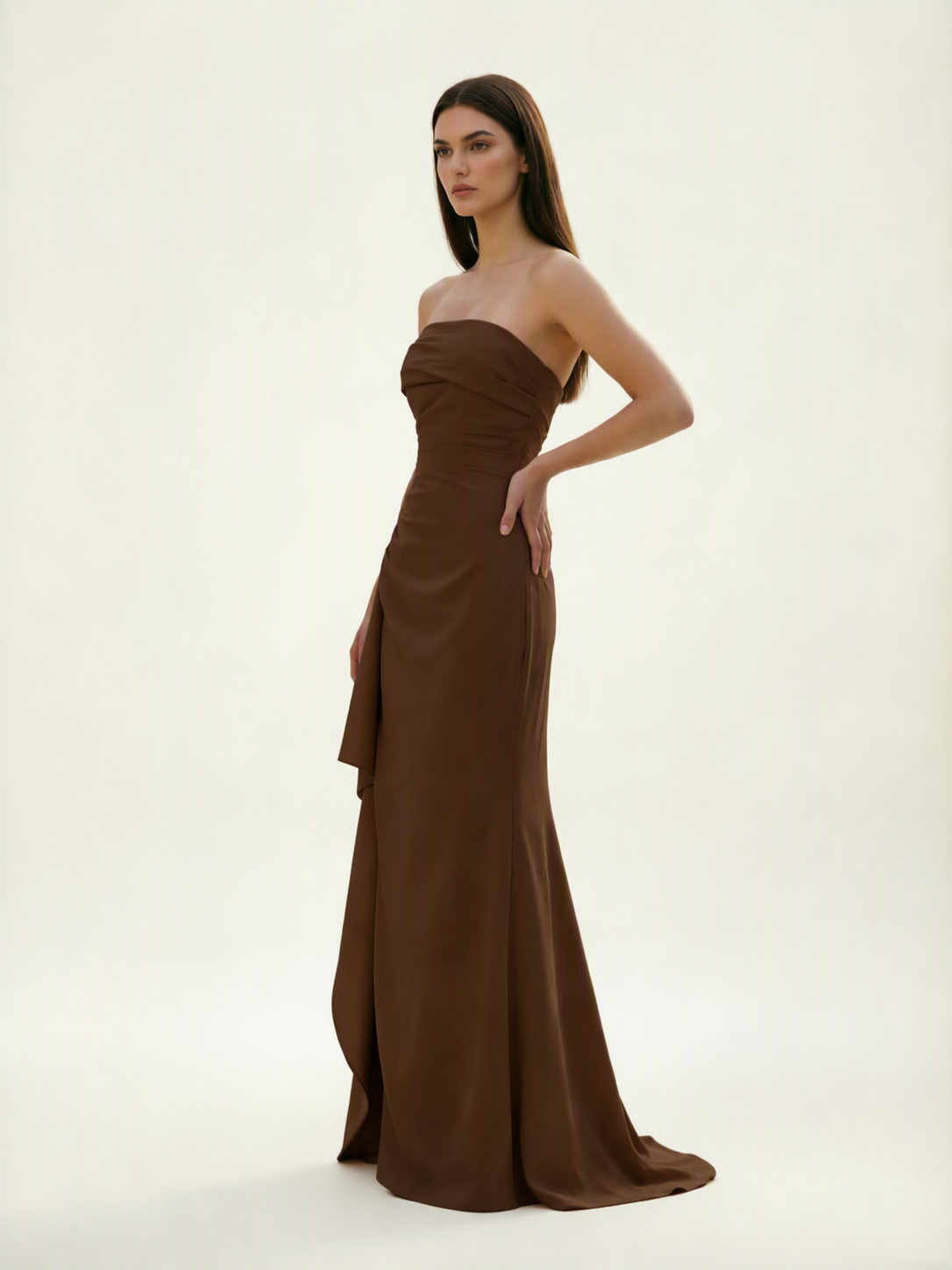 Strapless Mermaid Formal Gown with Side Slit & Draped Detail