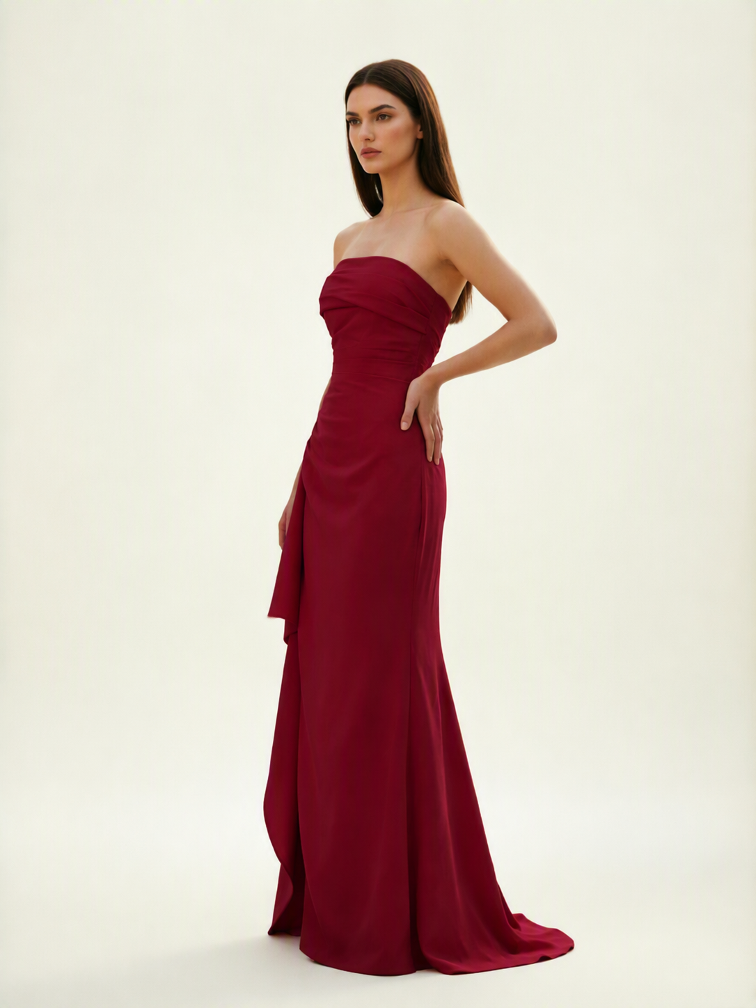 Strapless Mermaid Formal Gown with Side Slit & Draped Detail