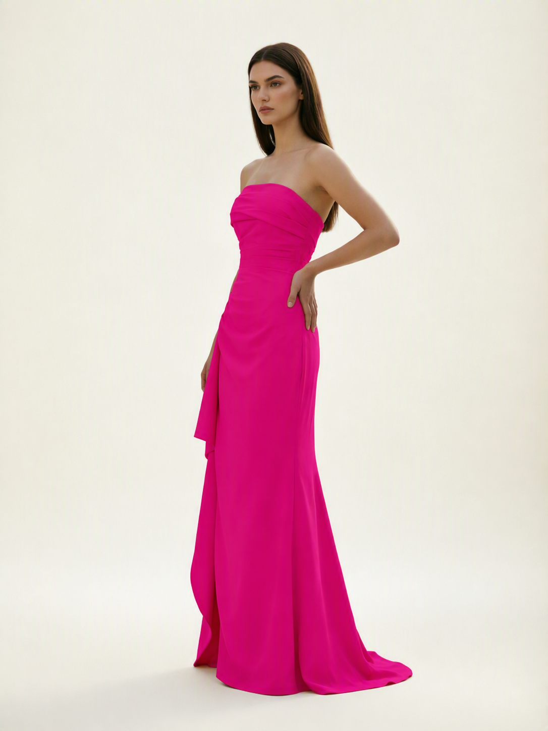 Strapless Mermaid Formal Gown with Side Slit & Draped Detail