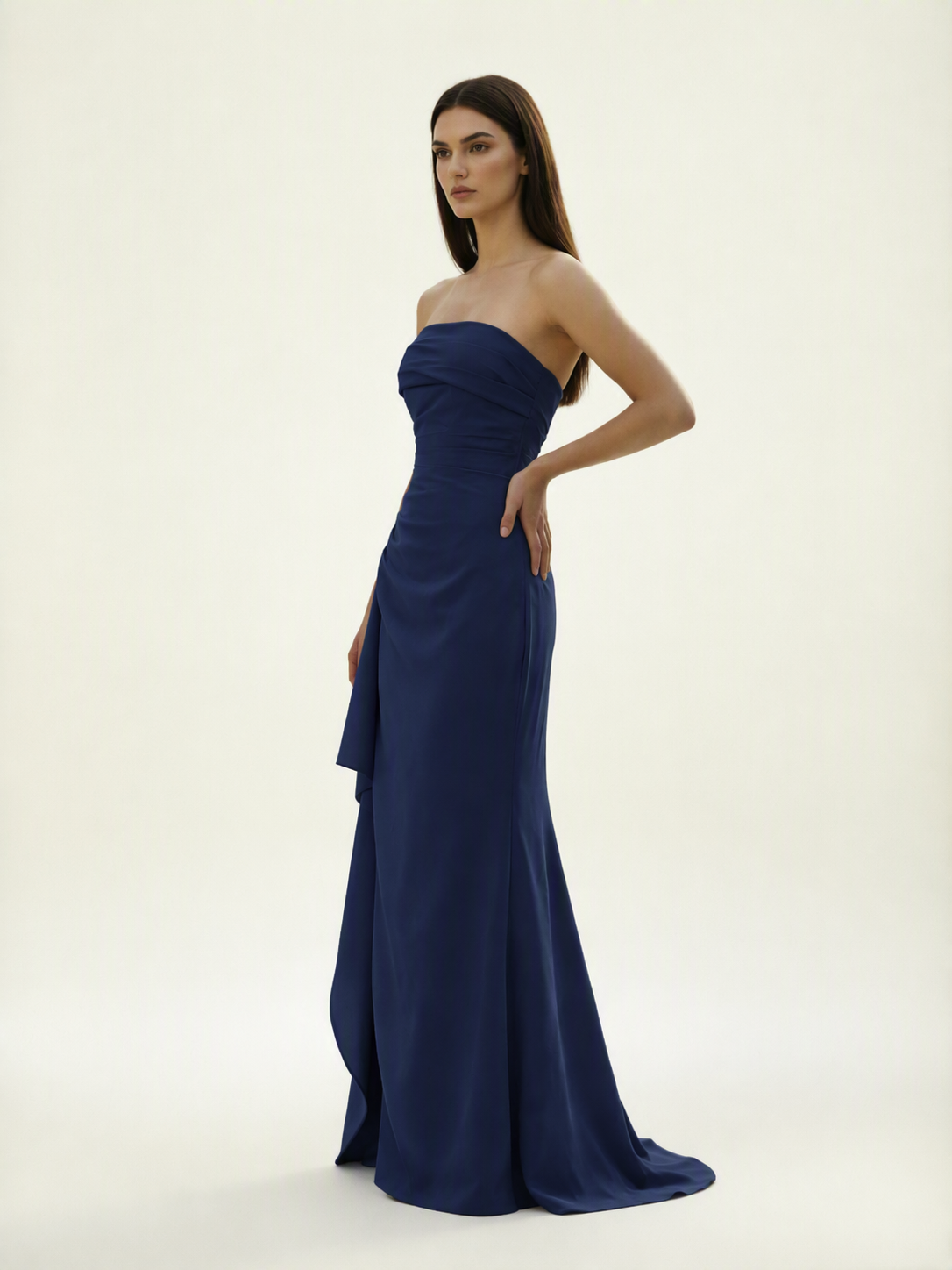 Strapless Mermaid Formal Gown with Side Slit & Draped Detail
