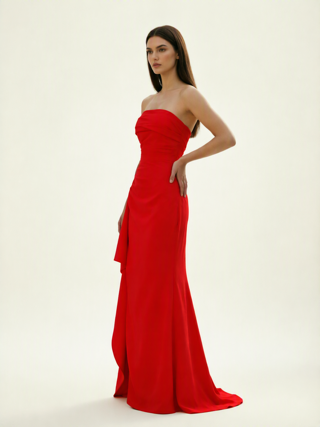 Strapless Mermaid Formal Gown with Side Slit & Draped Detail