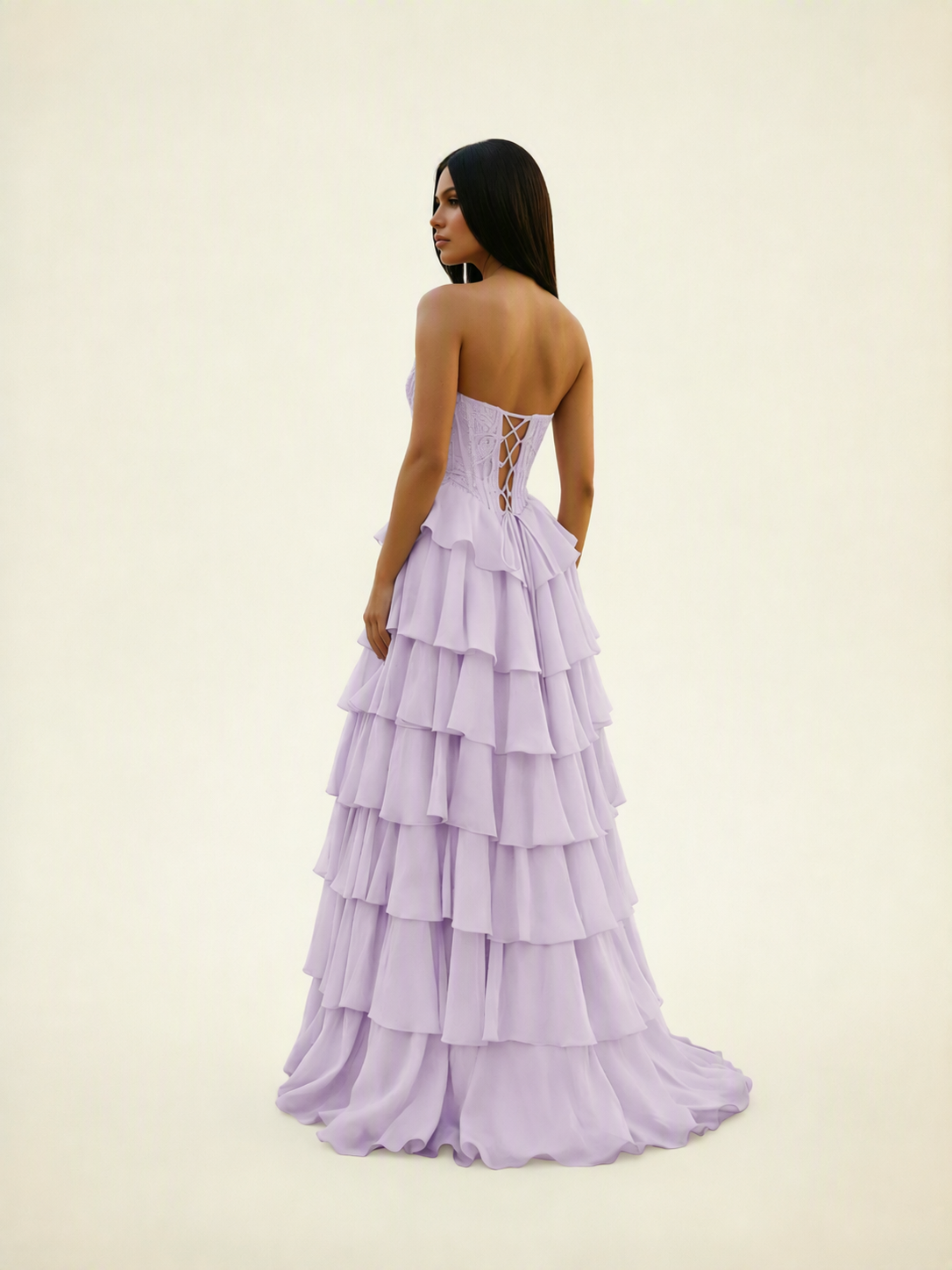 Strapless Lace Corset Tiered High Slit Prom Dress