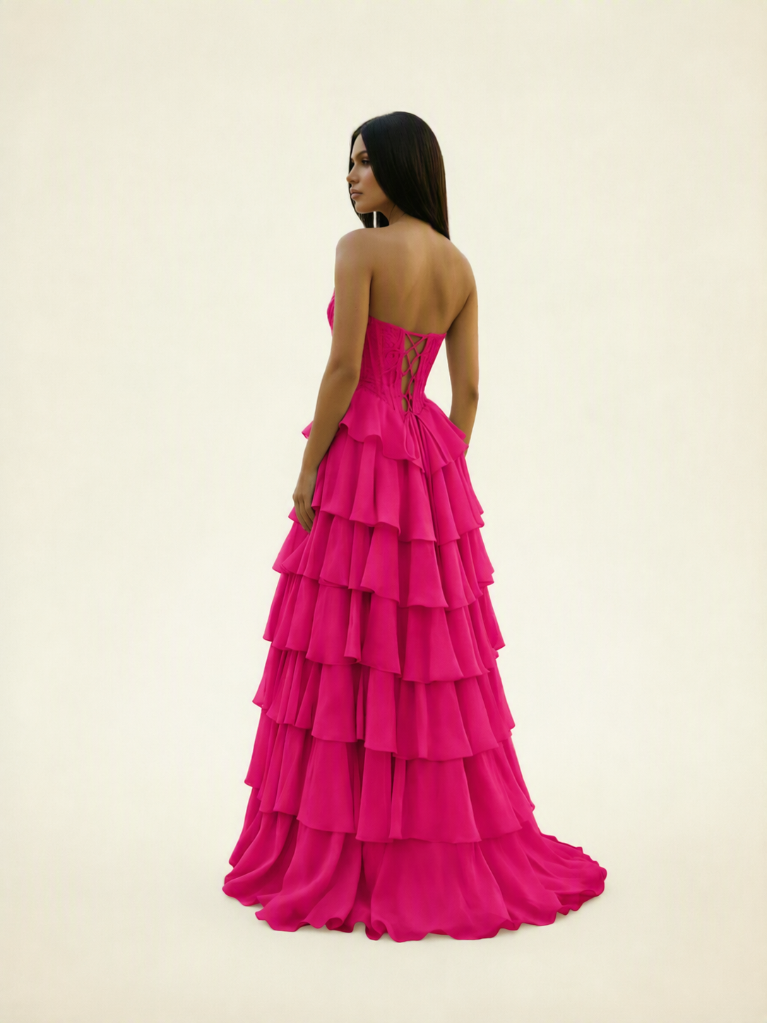 Strapless Lace Corset Tiered High Slit Prom Dress