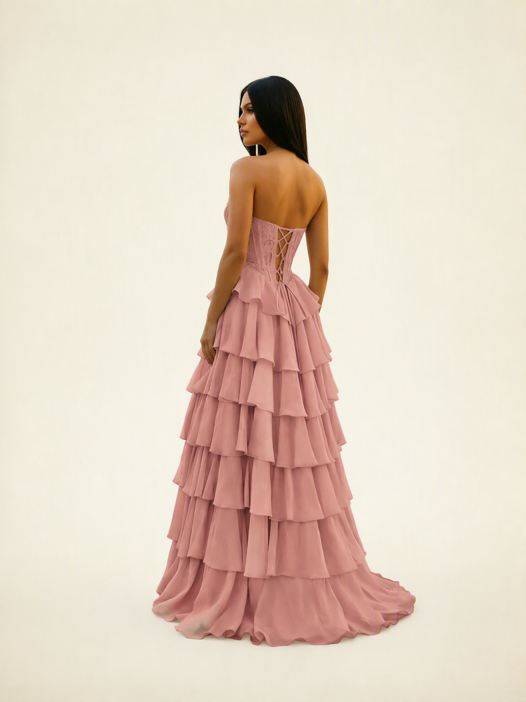 Strapless Lace Corset Tiered High Slit Prom Dress