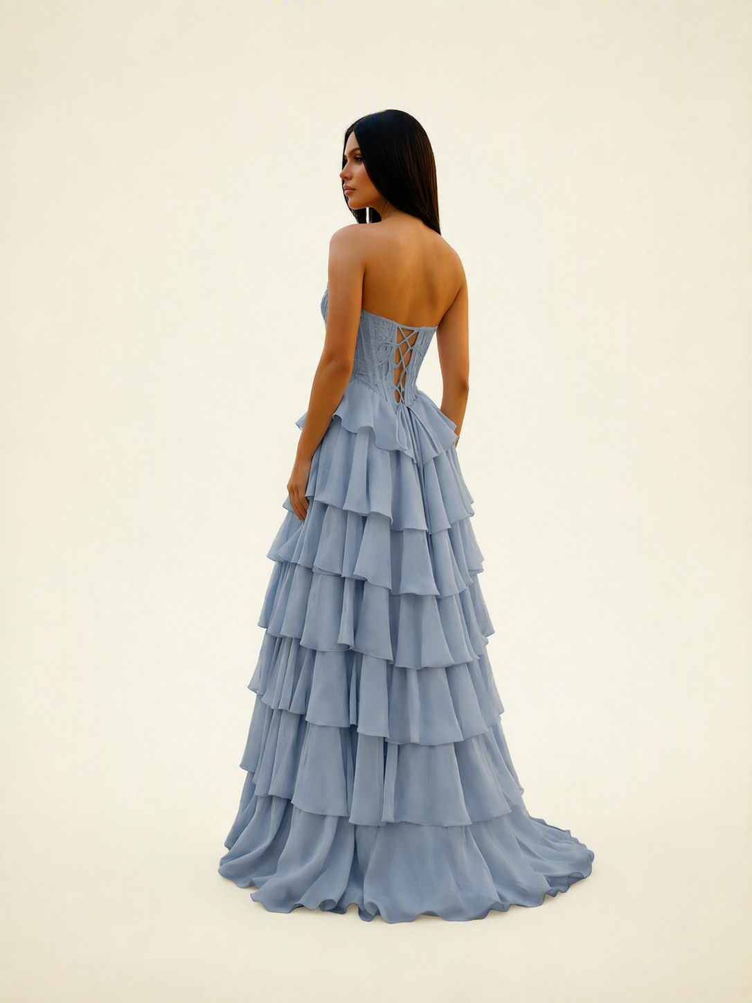 Strapless Lace Corset Tiered High Slit Prom Dress