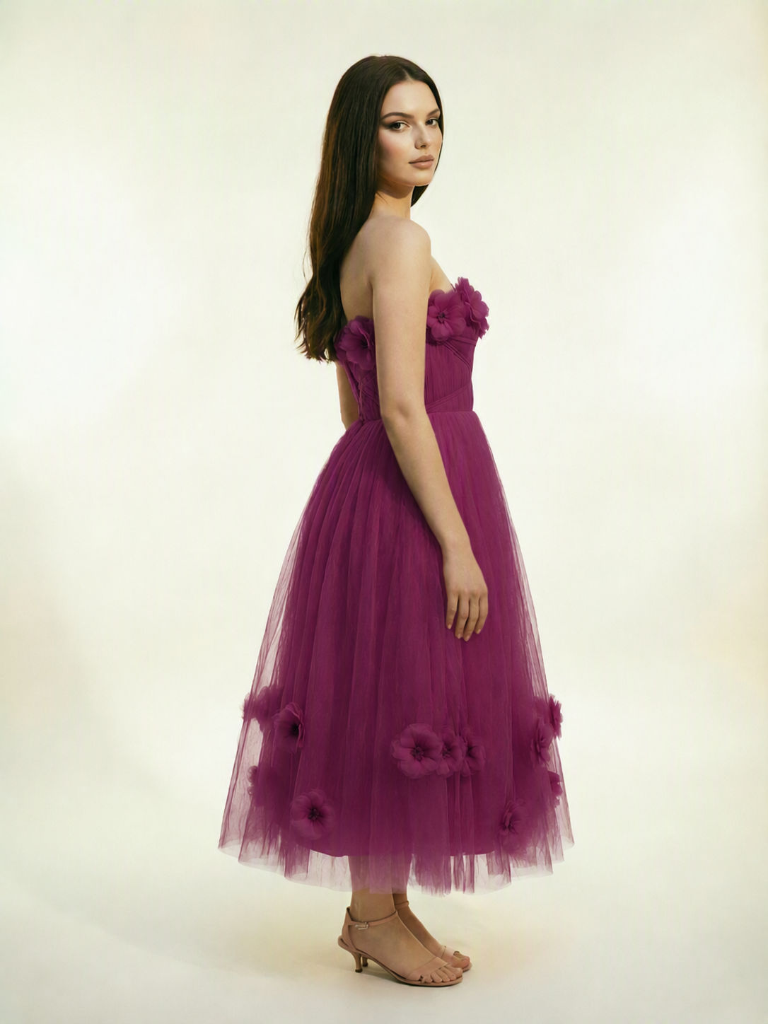 Strapless Tulle Midi Dress with 3D Floral Appliqués, Lace-Up Corset Back