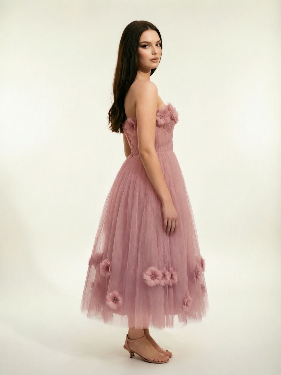 Strapless Tulle Midi Dress with 3D Floral Appliqués, Lace-Up Corset Back