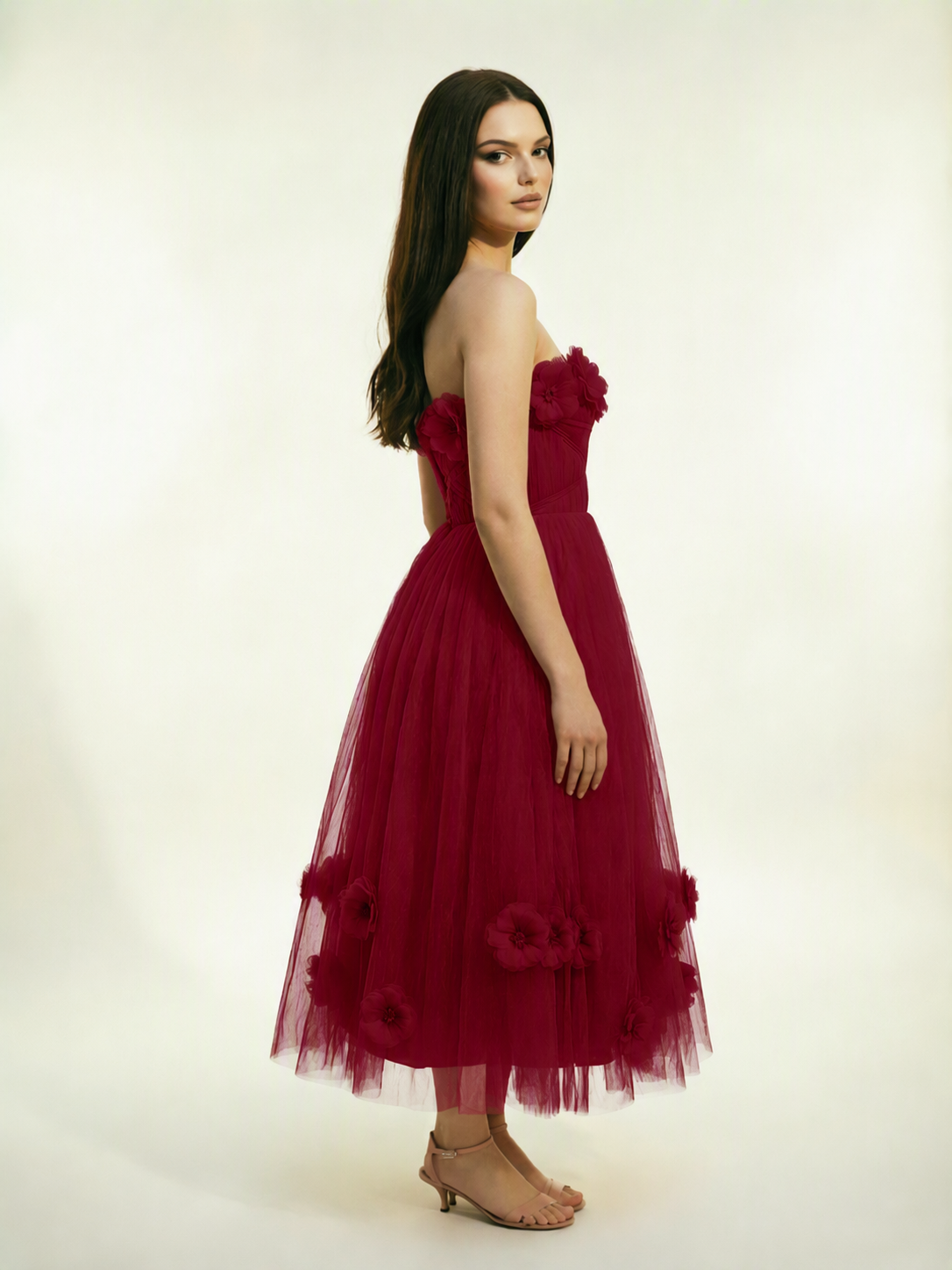 Strapless Tulle Midi Dress with 3D Floral Appliqués, Lace-Up Corset Back