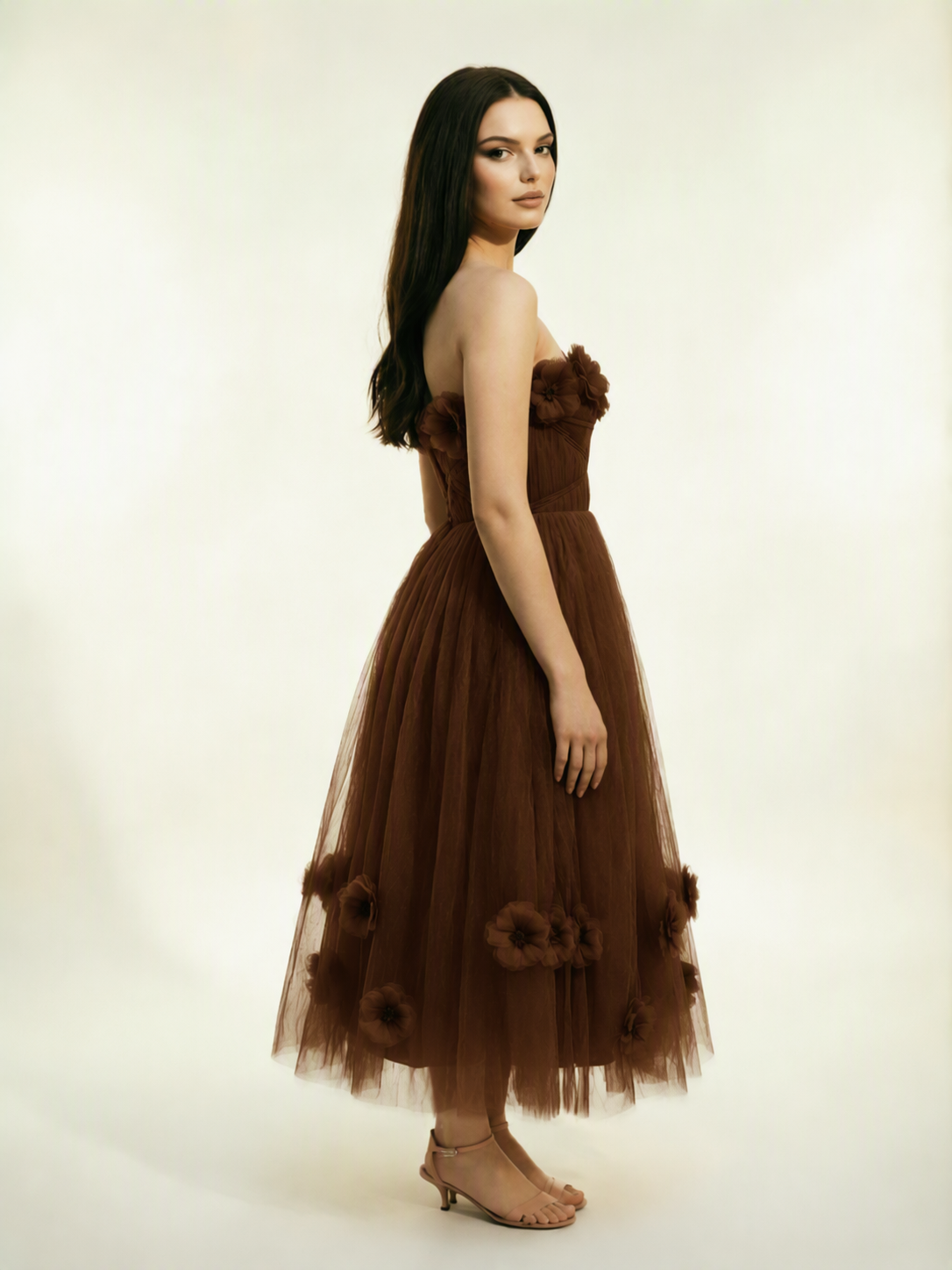 Strapless Tulle Midi Dress with 3D Floral Appliqués, Lace-Up Corset Back