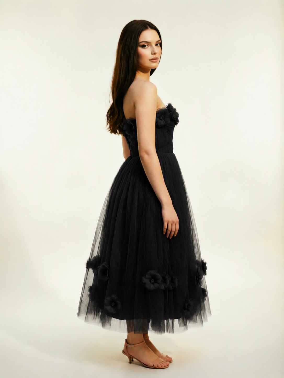 Strapless Tulle Midi Dress with 3D Floral Appliqués, Lace-Up Corset Back