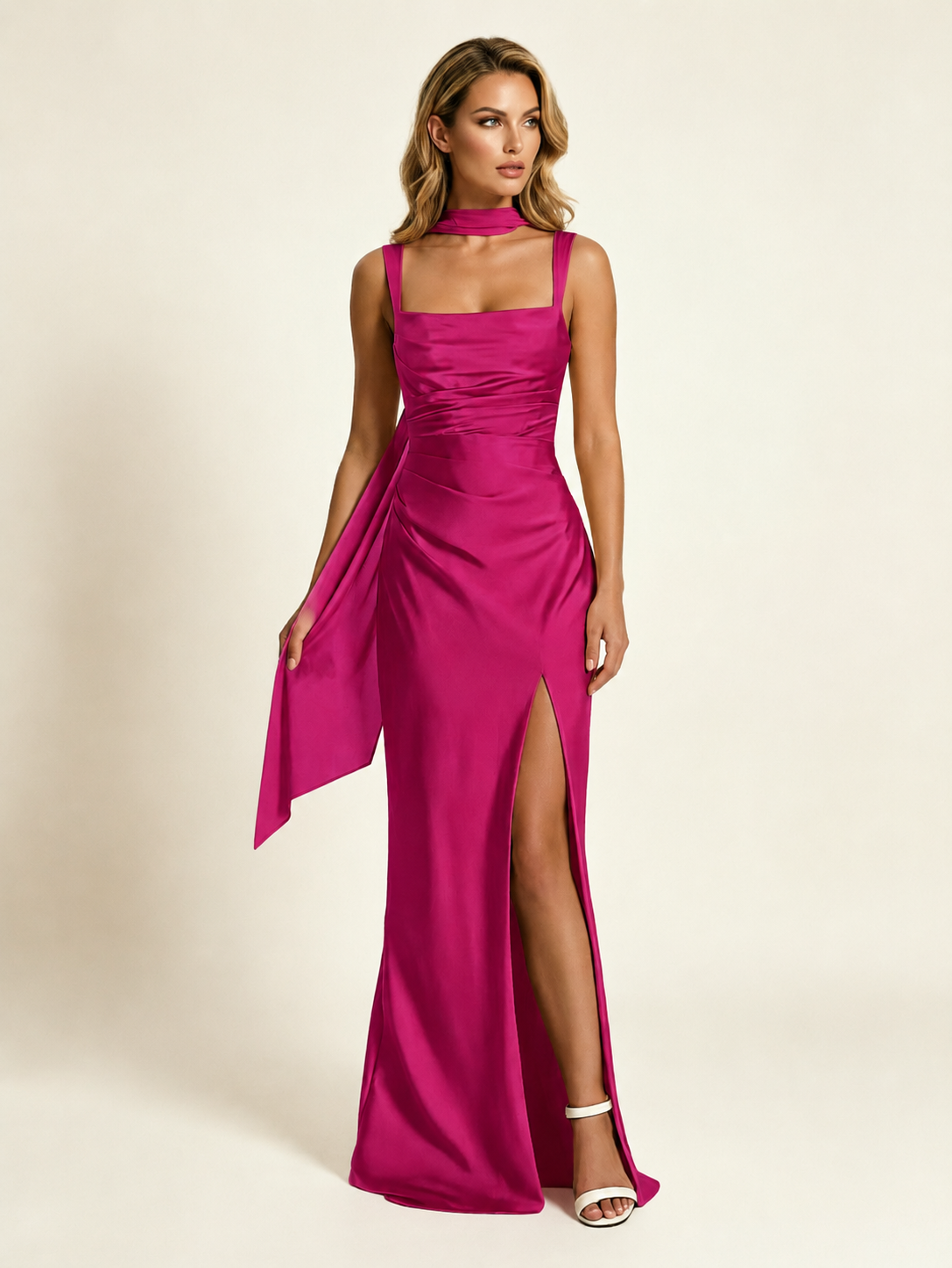 Satin Square Neck Mermaid Maxi Gown with Choker Strap