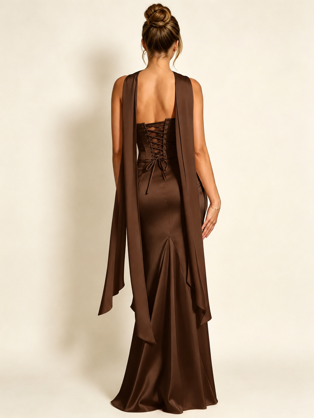 Satin Cowl Neck Mermaid Evening Dress with Corset Bodice and Draped Straps