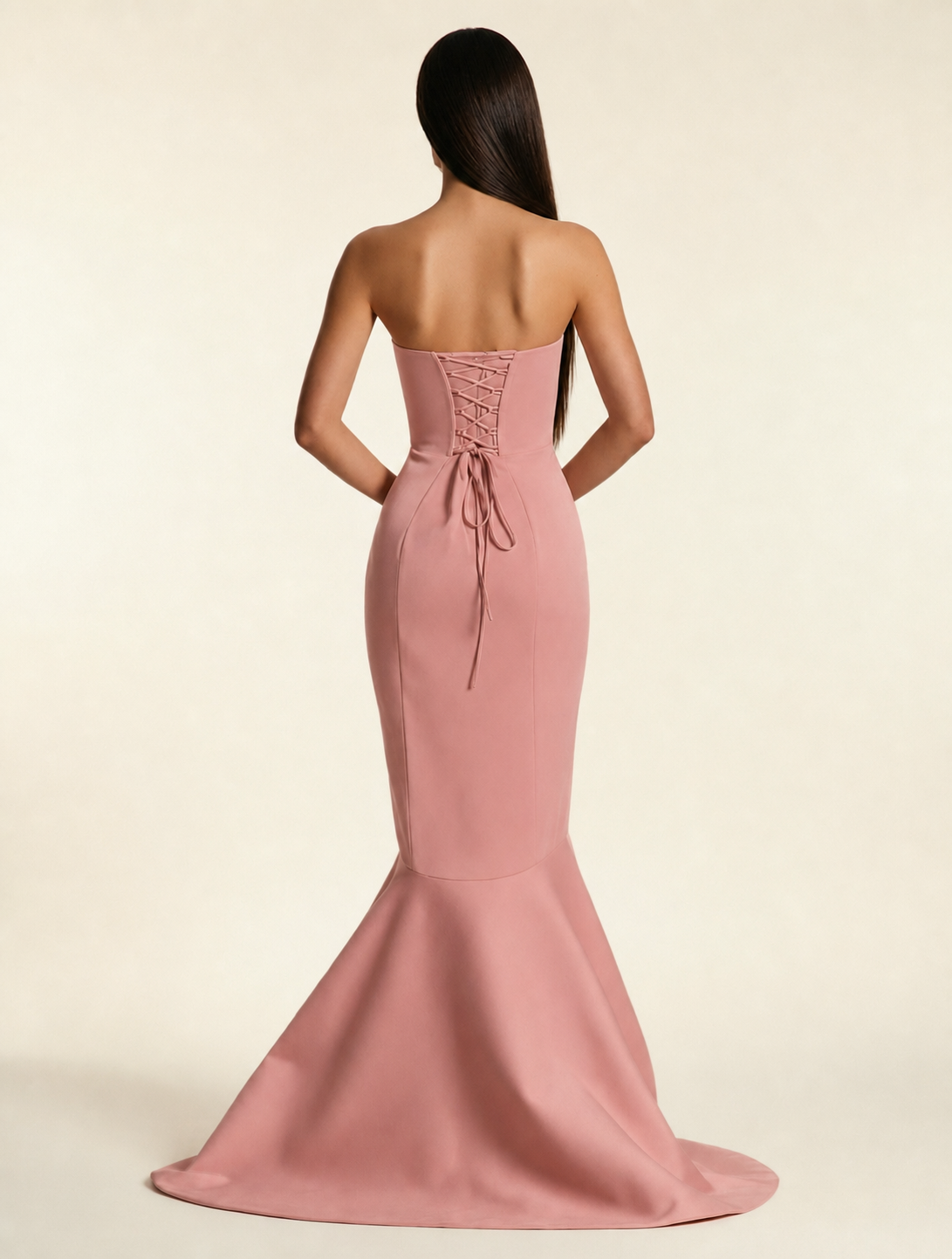 Strapless Satin Mermaid Dress With Ruffled Train & Lace-Up Back