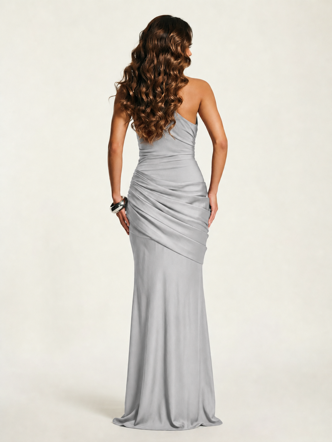 Single-shoulder satin floor-length evening dress
