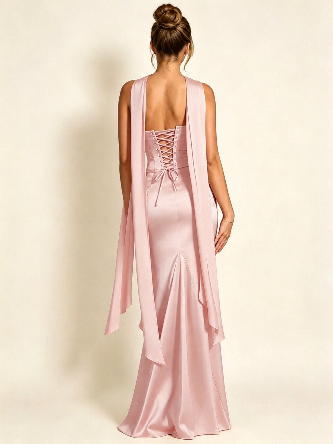 Satin Cowl Neck Mermaid Evening Dress with Corset Bodice and Draped Straps