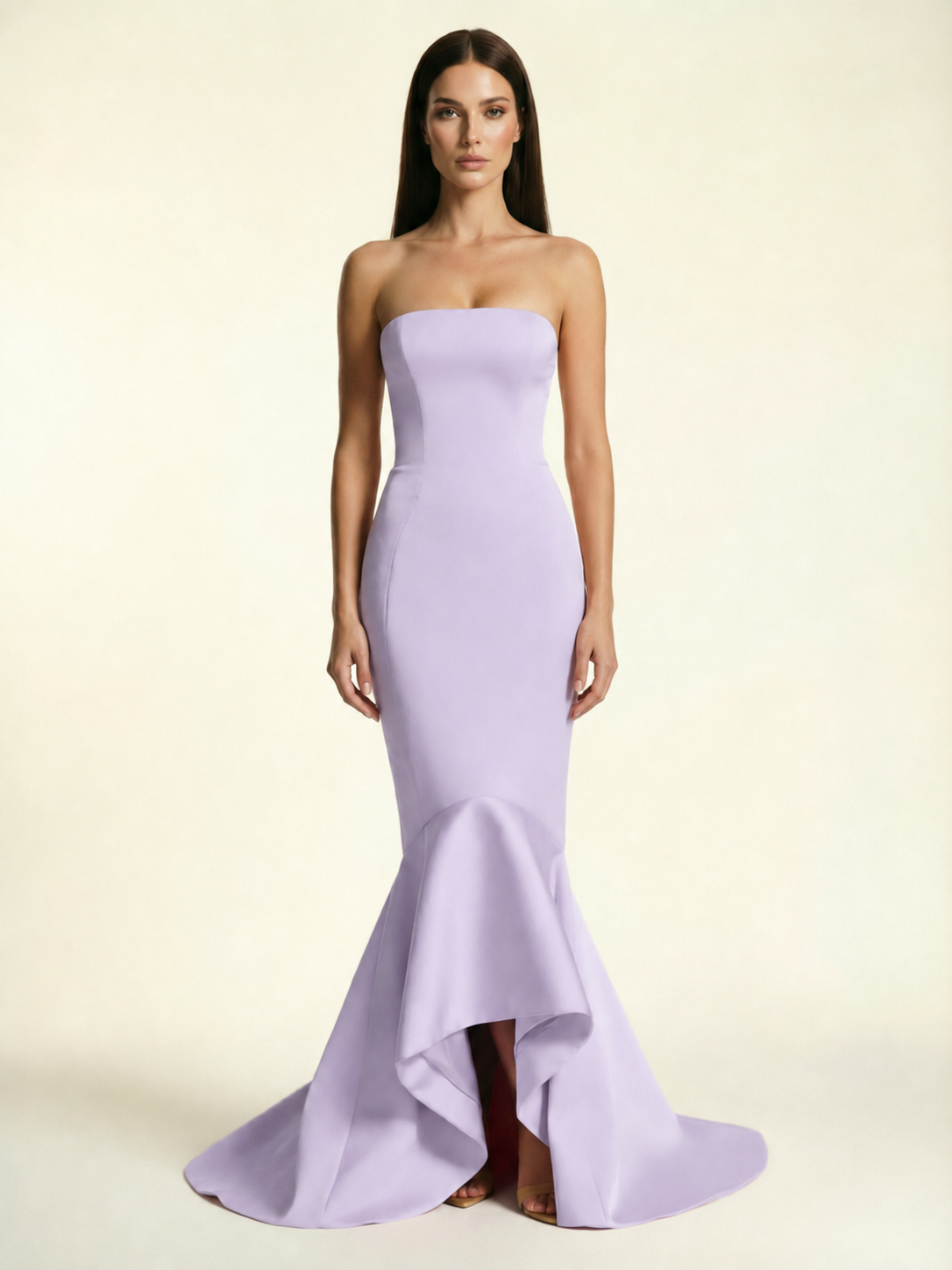 Strapless Satin Mermaid Dress With Ruffled Train & Lace-Up Back