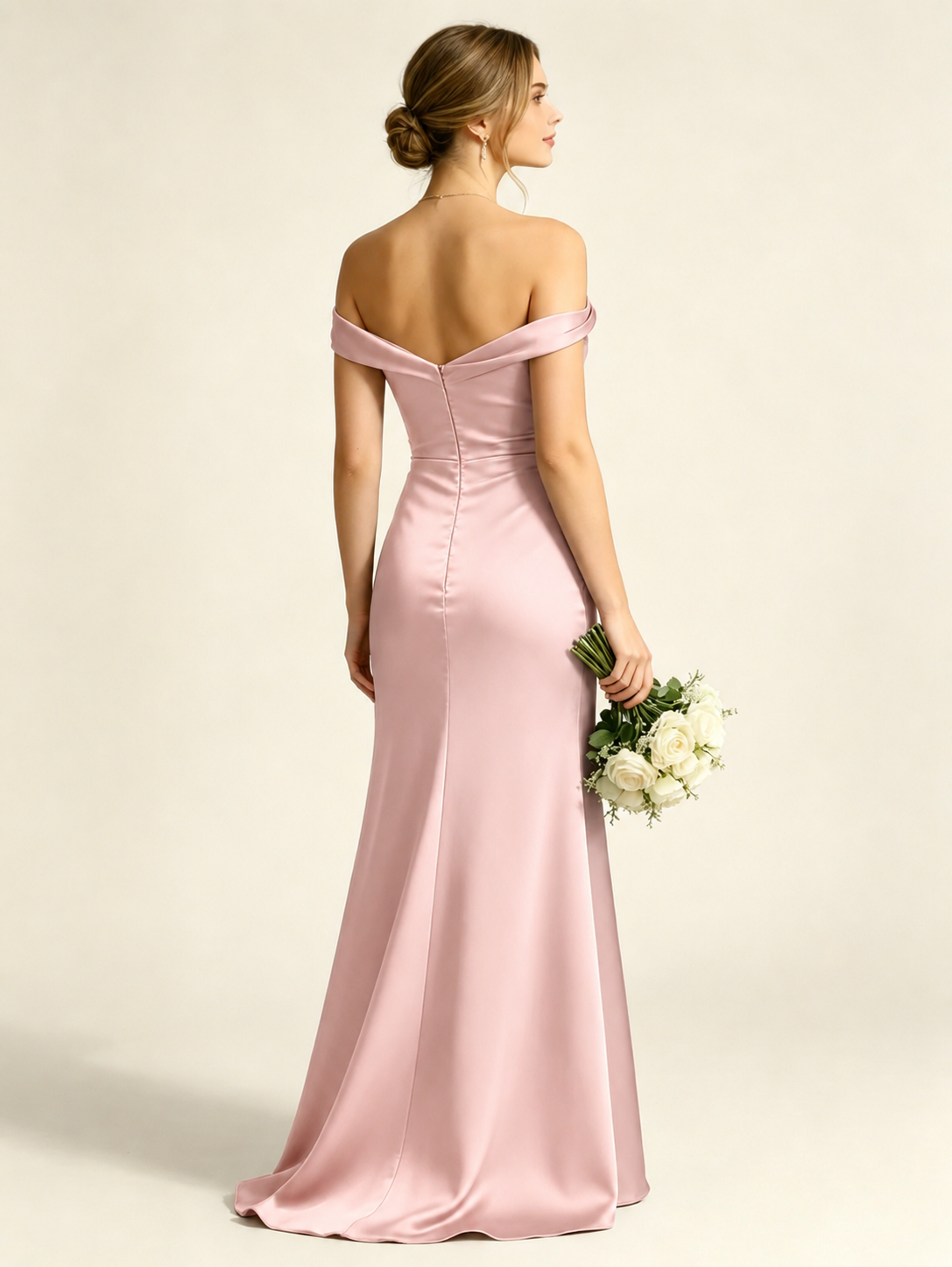 Satin Mermaid Bridesmaid Maxi Dress, Asymmetrical Off Shoulder Ruched Waist Open Back