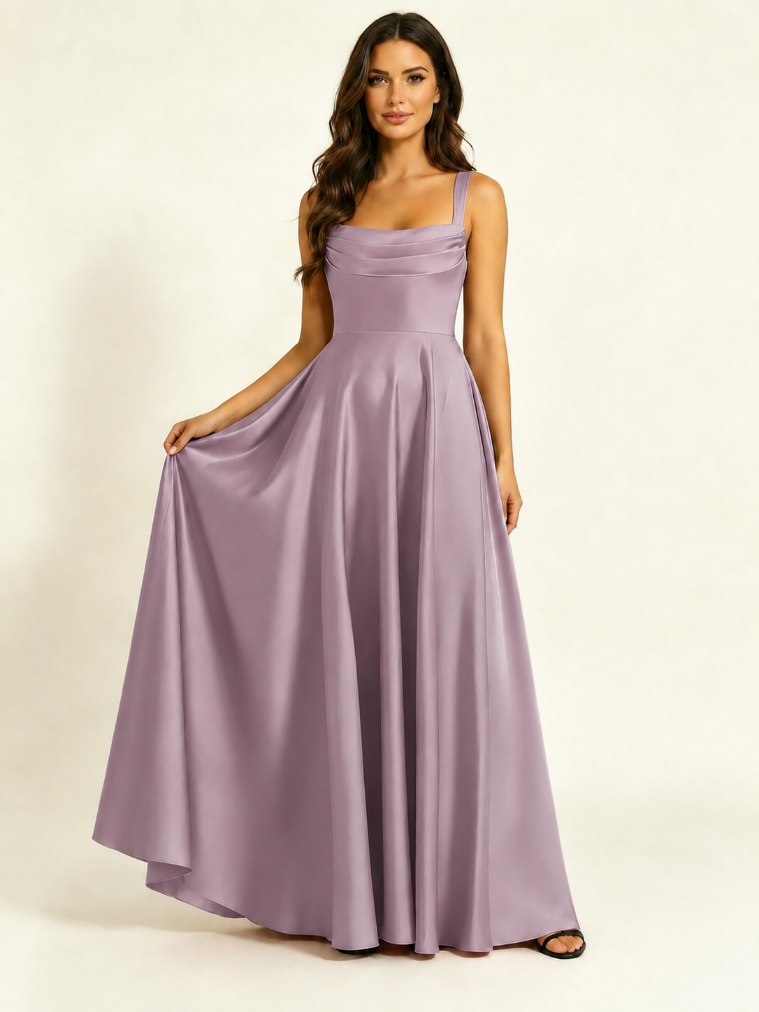 Satin Draped Cowl Square Neck A-Line Maxi Bridesmaid Dress