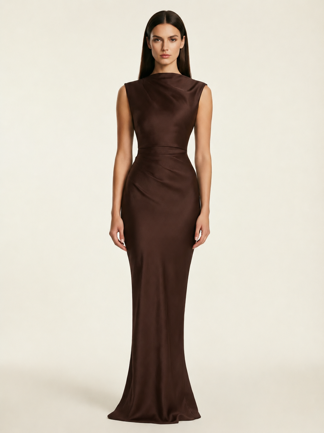 Sleeveless Draped Satin Mermaid Cutout Back Formal Dress
