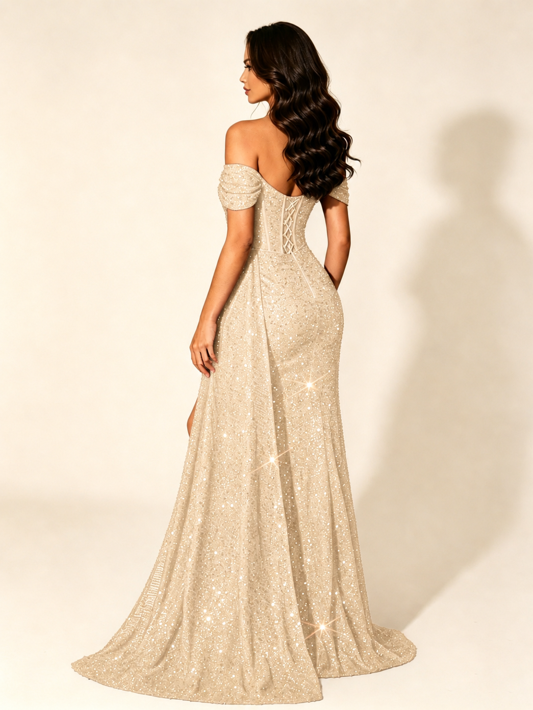 Off Shoulder Sequin High Slit Dress with Train