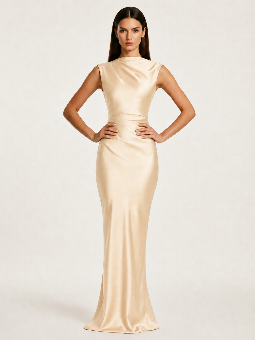 Sleeveless Draped Satin Mermaid Cutout Back Formal Dress