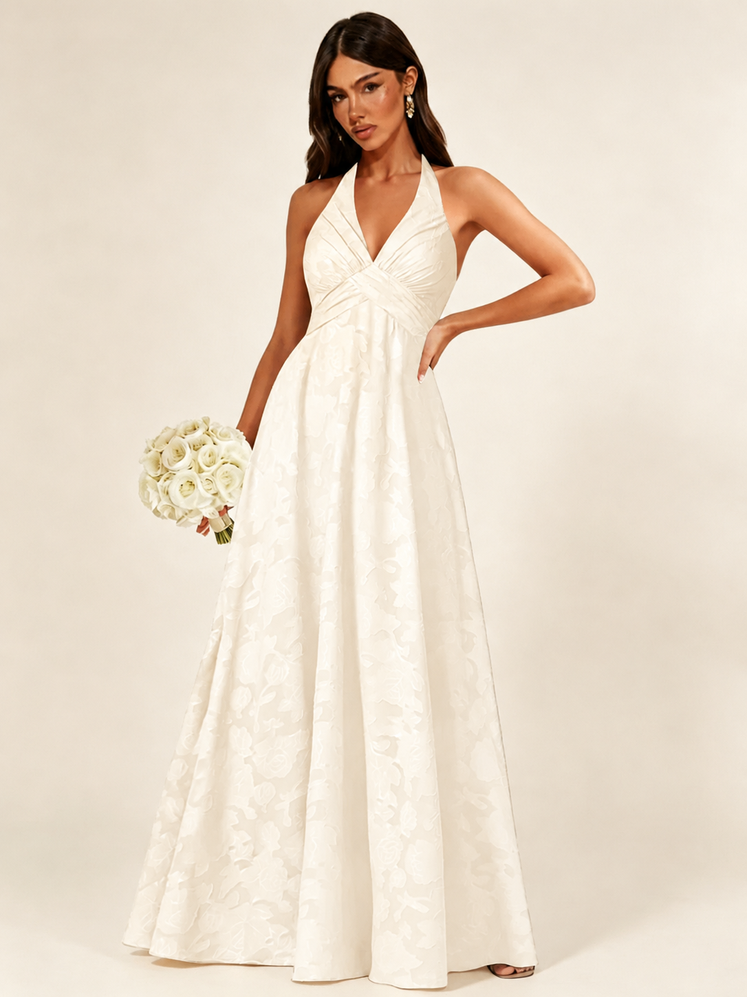 Floral Jacquard Halter Deep V A-Line Maxi Dress Backless Lace-Up Corset Bridesmaid Dress