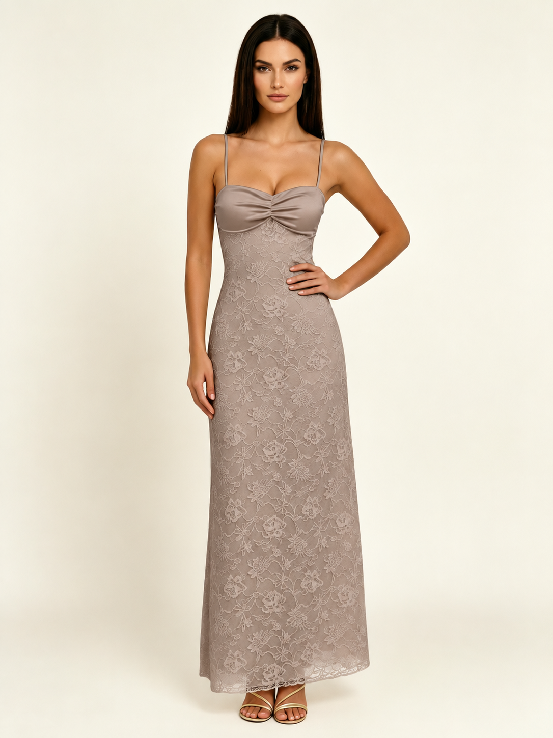 Satin Bust Lace Midi Maxi Dress, Spaghetti Strap Cross Lace Up Back Bridesmaid Dress